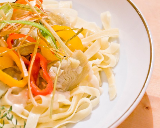 Post image for Fettuccine with Artichokes, Peppers and Fontina Cheese Sauce