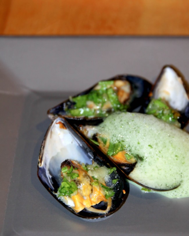 Post image for Broiled Mussels with Chive Foam